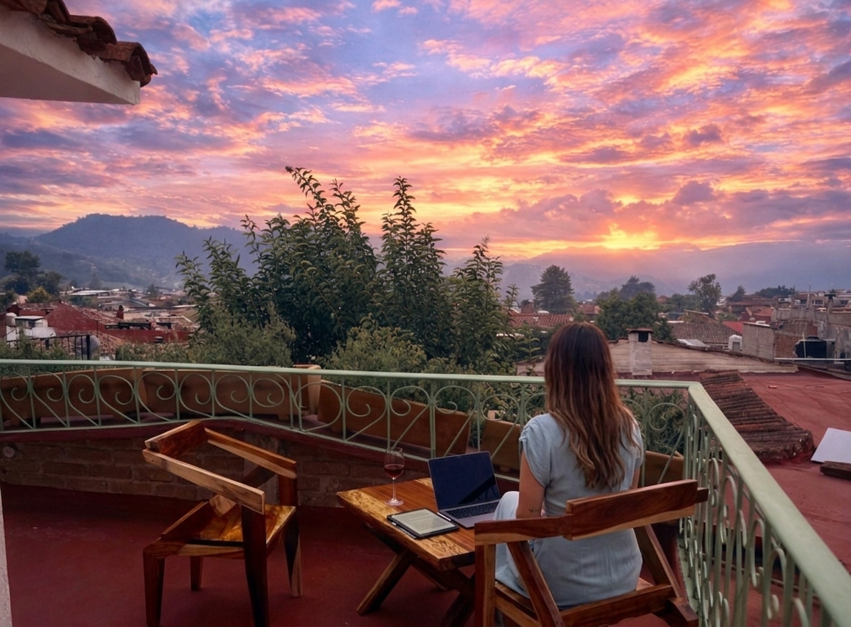 Terraza de Coliving Laura al atardecer en San Cristóbal de Las Casas